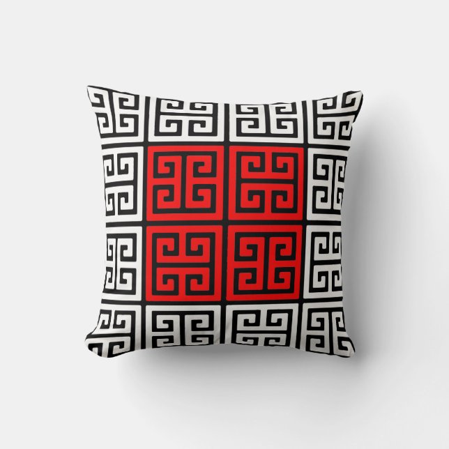 Red White and Black Greek Key Pattern Throw Pillow (Front)
