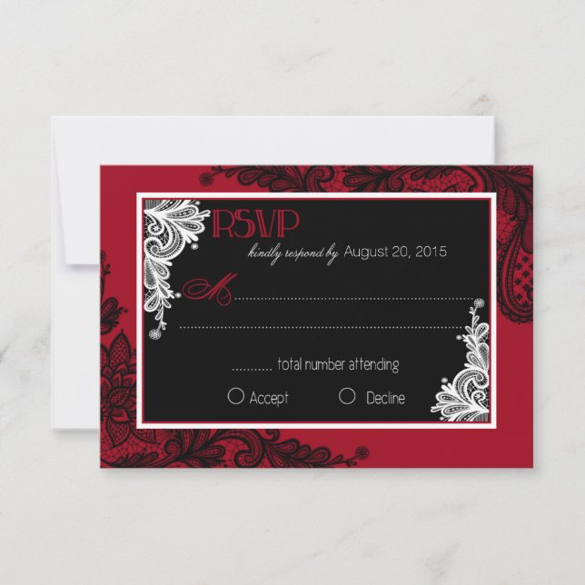 Red White and Black Lace Elegant RSVP Card (Front)