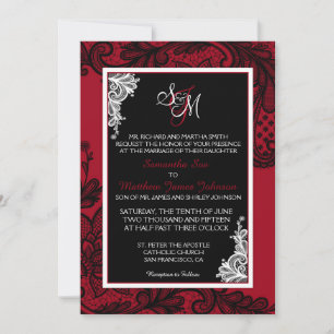 Red White and Black Lace Wedding Invitation Card