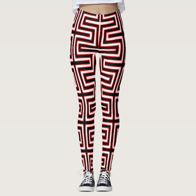 Red White and Black Maze African mud cloth Leggings (Front)