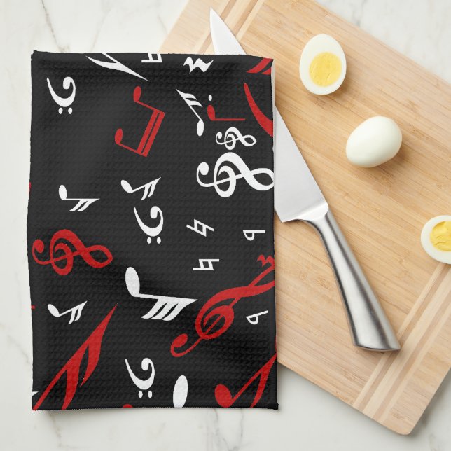 Red White and Black Musical Notes Kitchen Towel (Quarter Fold)