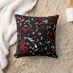 Red White and Black Musical Notes Throw Pillow