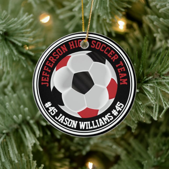 Red, White and Black Soccer ⚽  Ceramic Ornament (Tree)