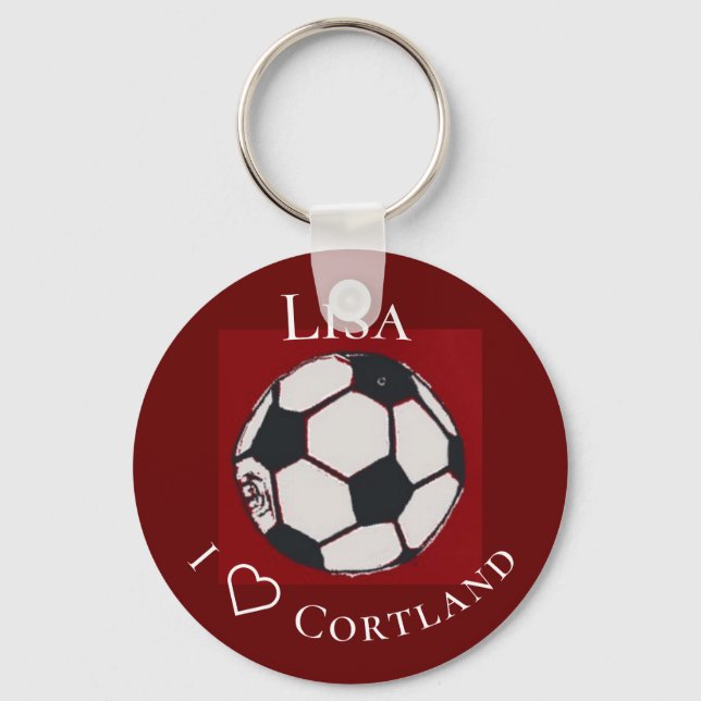 Red white and black soccer personalized keychain (Front)