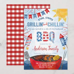 Red White and Blue 4th of July Backyard BBQ Party Invitation