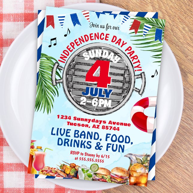 Red White and Blue 4th of July Pool Party BBQ Invitation (Modern Patriotic Pool Party Barbeque Invitation for Independence Day, 4th of July or Memorial Day)
