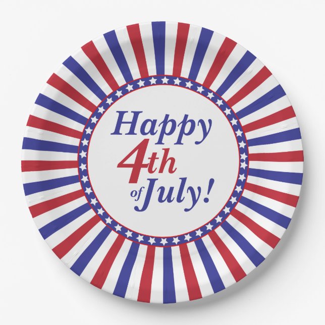 Red White and Blue 4th of July Stars and Stripes Paper Plate (Front)