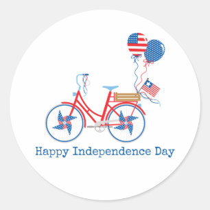 Red White and Blue 4th of July Whimsical Bicycle   Classic Round Sticker