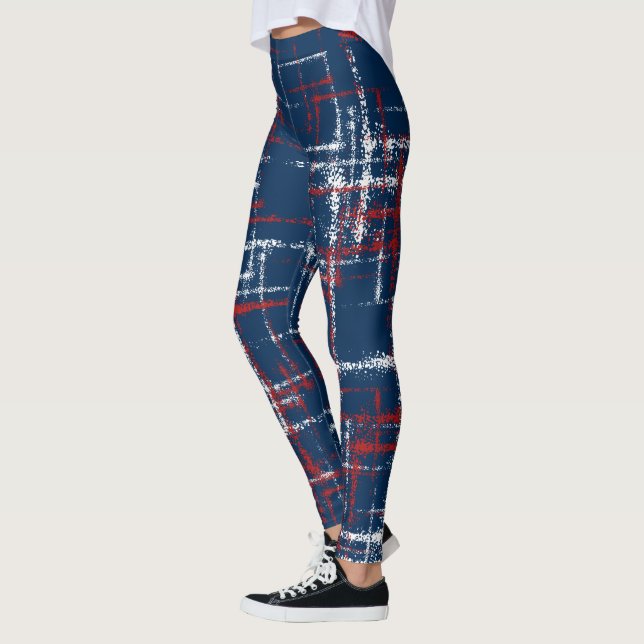 red white and blue abstract criss cross pattern leggings (Left)