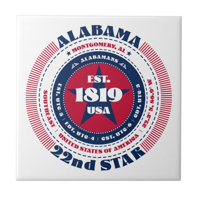 Red, White, and Blue Alabama Ceramic Tile (Front)