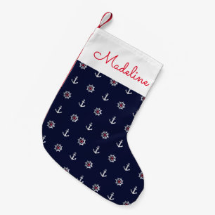 Red White And Blue Anchor Pattern   Add Your Name Small Christmas Stocking