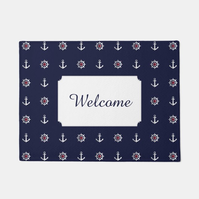 Red White And Blue Anchor Pattern | Add Your Text Doormat (Front)