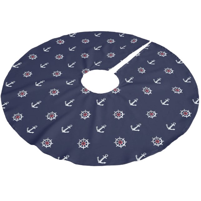 Red White And Blue Anchor Pattern Brushed Polyester Tree Skirt (Angled)