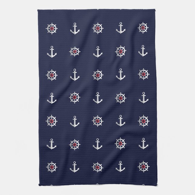 Red White And Blue Anchor Pattern Kitchen Towel (Vertical)