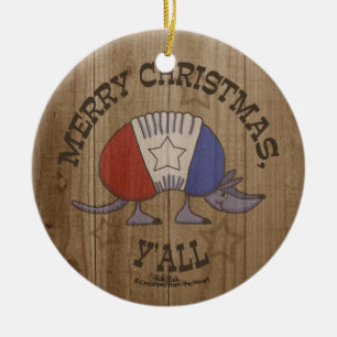 Red, White and Blue Armadillo-Merry Christmas Y'al Ceramic Ornament