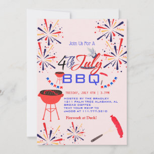 Red White and Blue BBQ Firework 4th of July Party Invitation