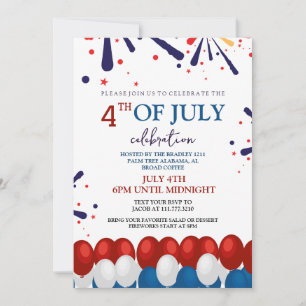 Red White and Blue BBQ Firework 4th of July Party Invitation