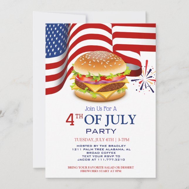 Red White and Blue BBQ Firework 4th of July Party Invitation (Front)