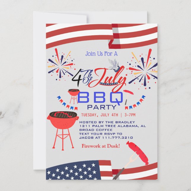 Red White and Blue BBQ Firework 4th of July Party Invitation (Front)
