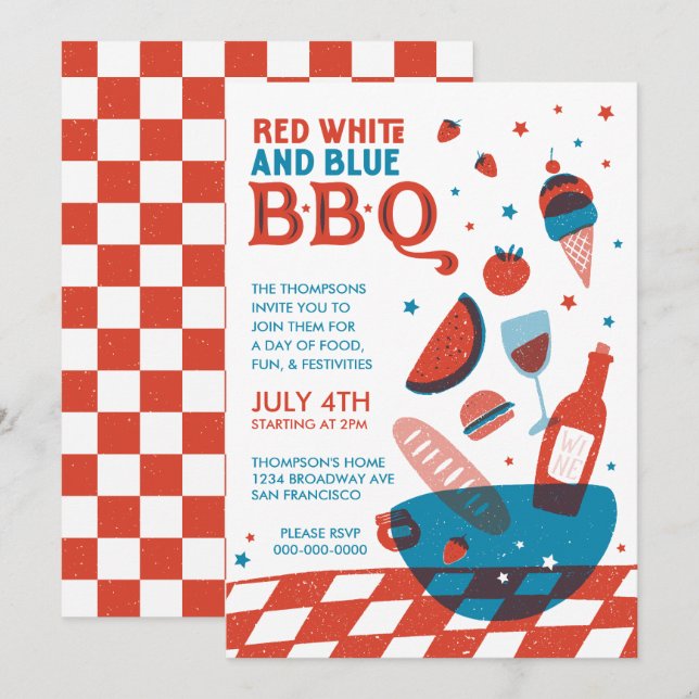 Red, White, and Blue BBQ Fourth of July Party Invitation (Front/Back)