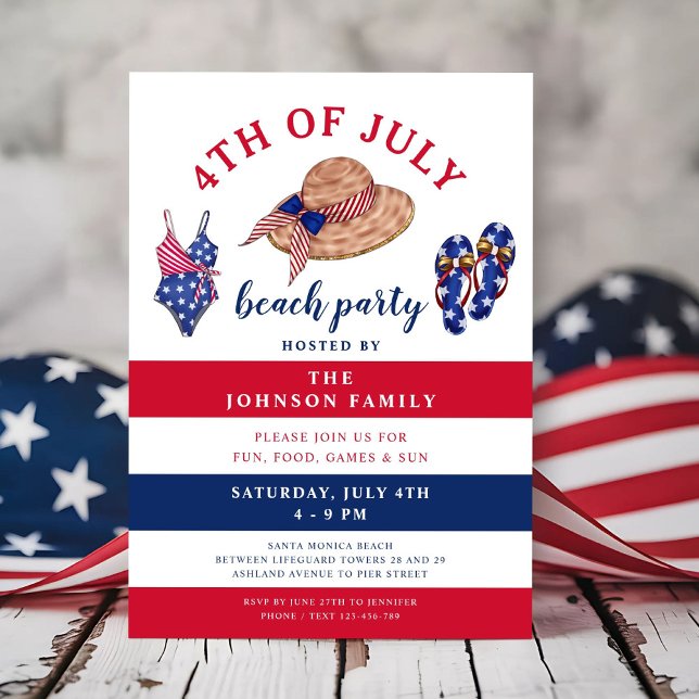Red White And Blue Beach Party 4th Of July Invitation (Red White And Blue Beach Party 4th Of July Invitation)