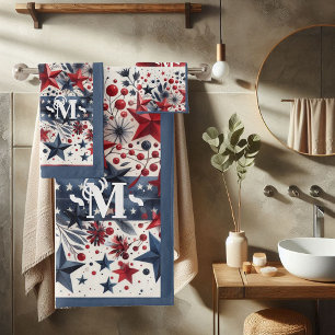 Red White and Blue Boho Stars & Stripes Monogram Bath Towel Set
