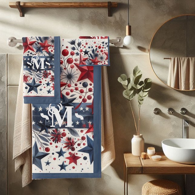 Red White and Blue Boho Stars & Stripes Monogram  Bath Towel Set (Red White and Blue Boho Stars & Stripes Monogram Bath Towel Set)