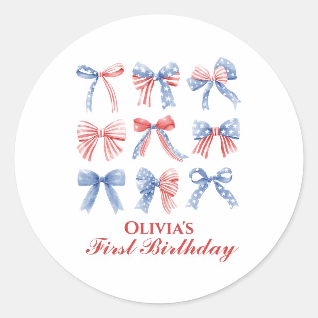 Red, White and Blue Bows fourth of July birthday Classic Round Sticker (Front)