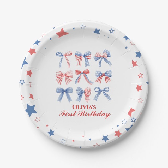 Red, White and Blue Bows fourth of July birthday Paper Plate (Front)