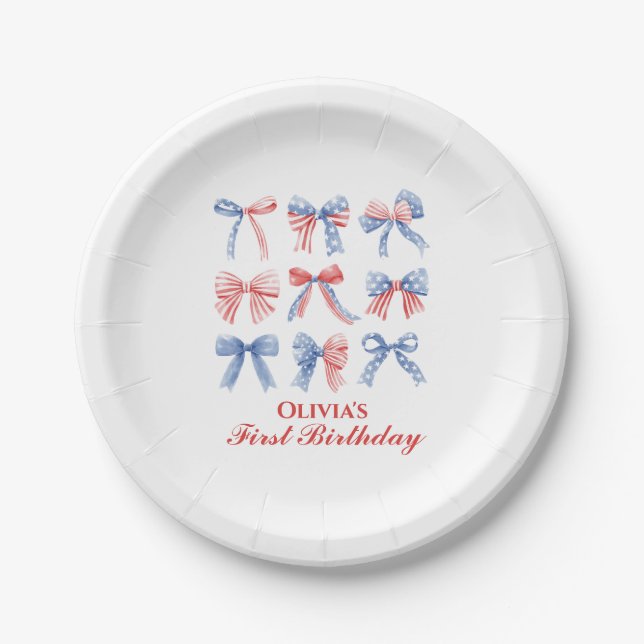 Red, White and Blue Bows fourth of July birthday Paper Plate (Front)