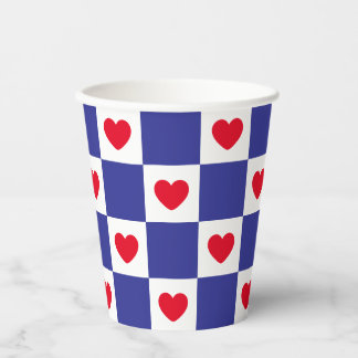 Red White and Blue Chequered Heart Pattern Paper Cups