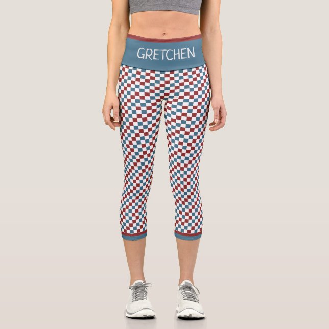 Red White and Blue Chequered Pattern Custom Capri Leggings (Front)