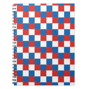 Red white and blue chequered pattern notebook
