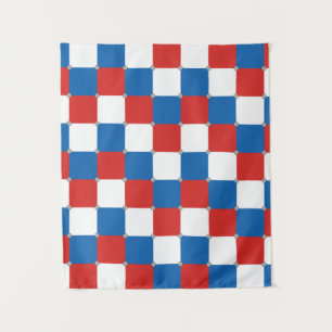 Red white and blue chequered pattern tapestry