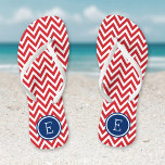 Red White and Blue Chevron Monogram Flip Flops<br><div class="desc">Custom printed flip flop sandals with a stylish modern chevron pattern and your custom monogram or other text in a circle frame. Click Customize It to change text fonts and colours or add your own images to create a unique one of a kind design!</div>