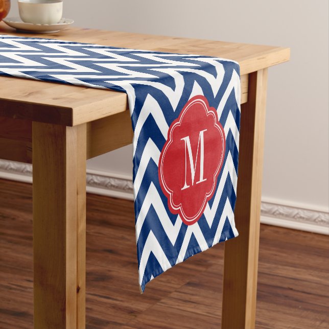 Red White and Blue Chevron Monogram Short Table Runner (In Situ)