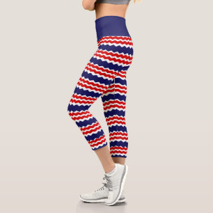 Red White and Blue Chevron Stripes Capri Leggings