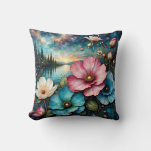 Red white and blue Cosmos flowers, Landscape  Throw Pillow