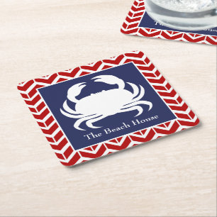Red White and Blue Crab Personalize Nautical Party Square Paper Coaster