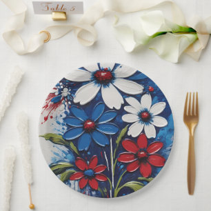 Red White And Blue Daisies Floral Paper Plate
