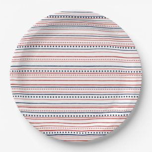 Red White and Blue Dots and Painted Stripes Paper Plate