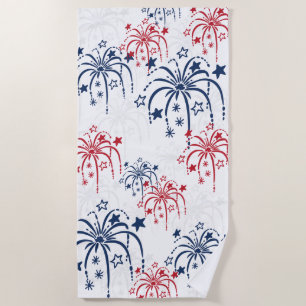 Red White and Blue Fireworks 4th of July Beach Towel