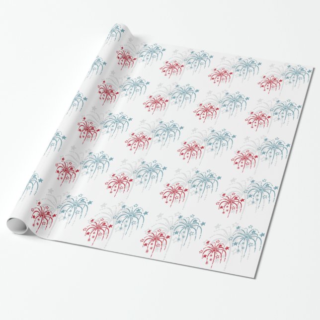 Red White and Blue Fireworks 4th of July Gift Wrap (Unrolled)