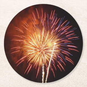 Red, White and Blue Fireworks I Patriotic Round Paper Coaster