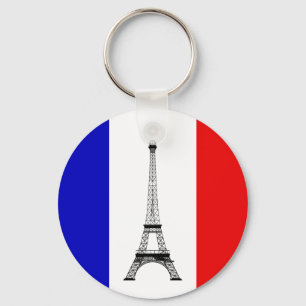 Red White and Blue Flag of France and Eiffel Tower Keychain