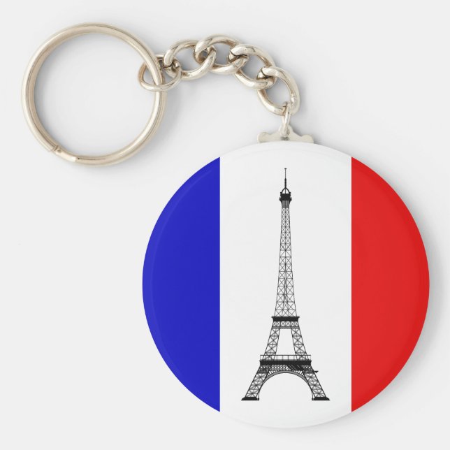 Red White and Blue Flag of France and Eiffel Tower Keychain (Front)