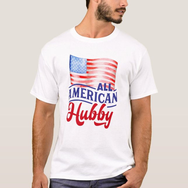 Red white and blue floral All American Hubby T-Shirt (Front)