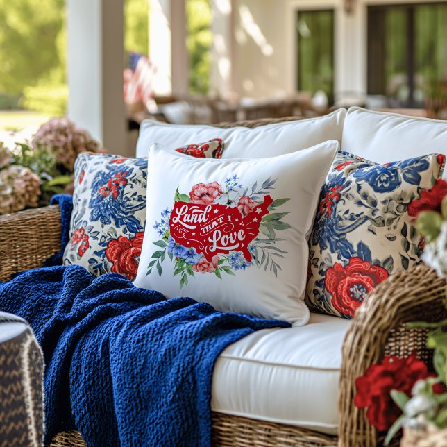 Red white and blue floral Land that I Love  Throw Pillow (Creator Uploaded)
