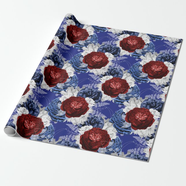 Red, White and Blue Floral USA Pattern Wrapping Paper (Unrolled)