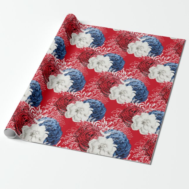 Red, White and Blue Floral USA Pattern Wrapping Paper (Unrolled)